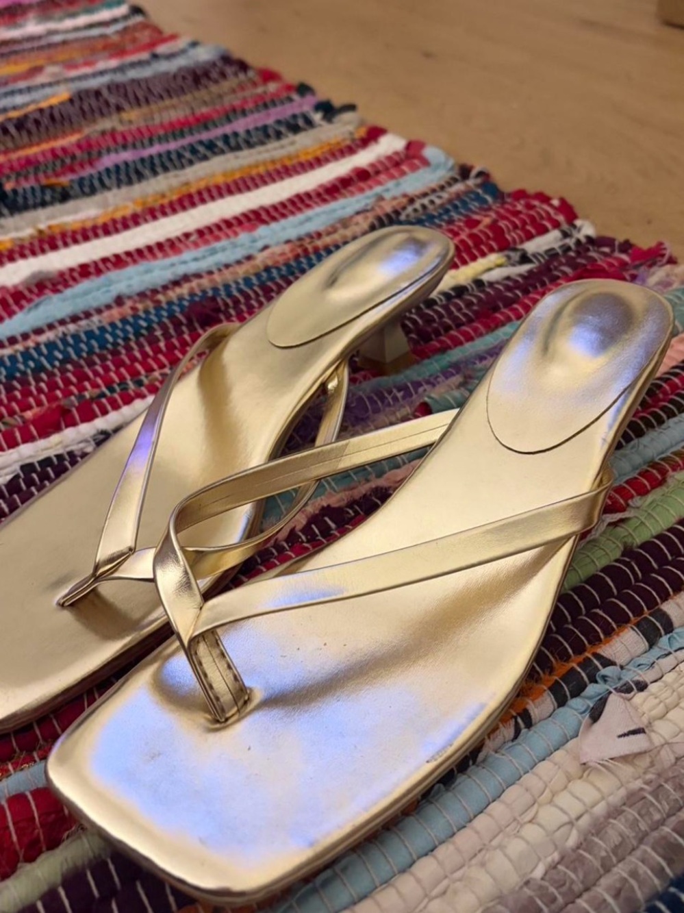 Metallic Gold Women's Square-Toe Kitten Heel Thong Sandals